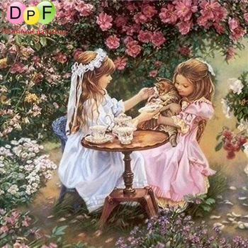 

DPF Needlework Diamond Embroidery Diy square Diamond Pasted Painting Wall decoration free Shipping Two Girls and cat