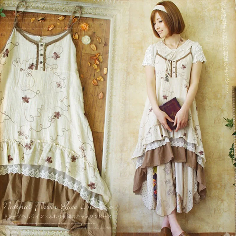 

Mori Girl Sweet Dress Women Floral Embroidery Patchwork Lace Layer Sleeveless Female Kawaii Spaghetti Strap Femmes Dress A098