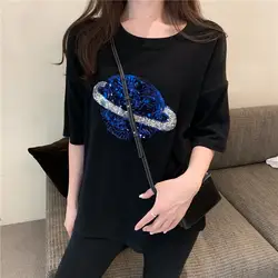 2 цвета 2019 весна корейский стиль bling повседневное Свободные О образным вырезом короткий рукав футболки женские femme (R5533)