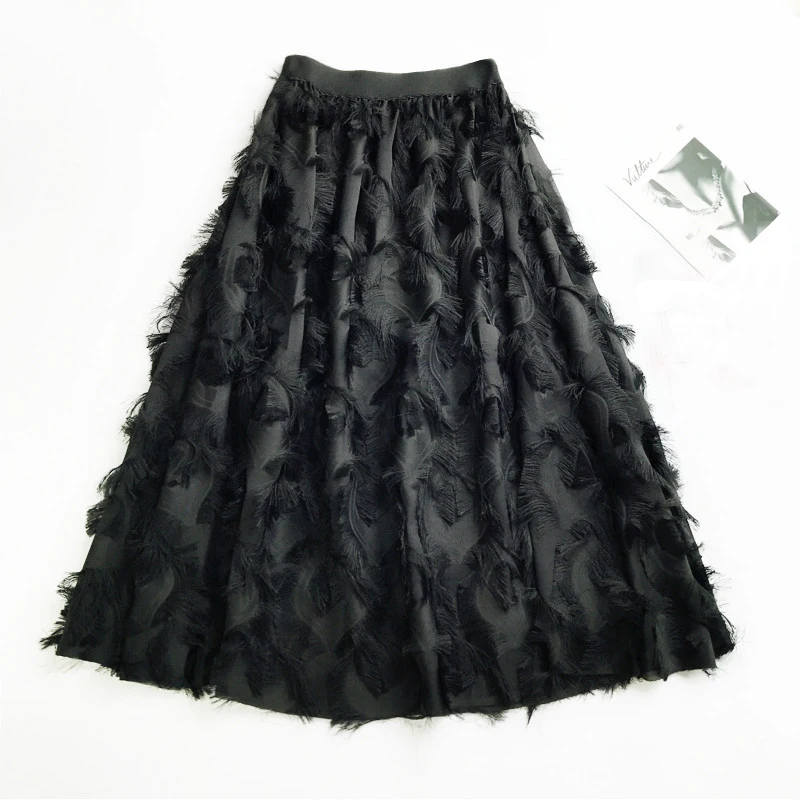 

2019 Fashion High Waist Fake Elegant Chiffon Feather Pattern Tulle Skirts Women Skirt Elastic Tassel Pleated Midi Skirts