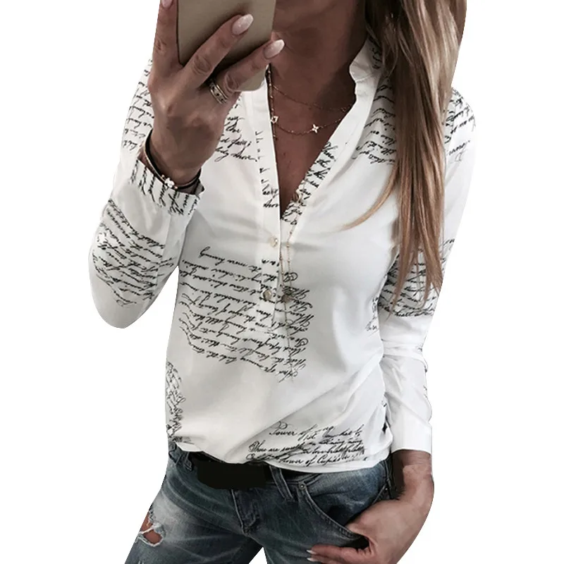 

Women Blouses Long Sleeve V Neck Buttons Letters Printed Office White Shirt Casual Tops Plus Size 3XL Womens tops and Blouses