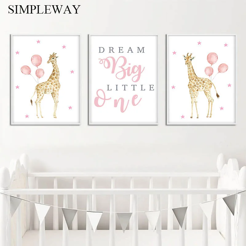 

Watercolor Animal Giraffe Balloon Child Poster Baby Nursery Wall Art Canvas Print Painting Nordic Kid Room Decoration Picture