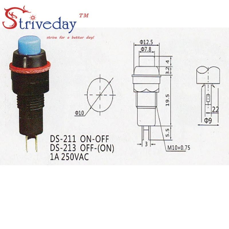 100 шт./лот 10 мм красный зеленый самоблокирующийся миниатюрный кнопочный переключатель DS-211 кнопка включения питания