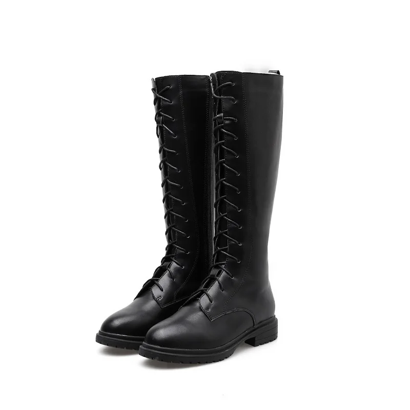 

2018 new knight boots cross straps round head PU leather high boots foreign trade women's boots black ljj 0110