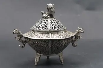 

Old Peking Carved Miao Silver Incense Burner & kylin lid Xuande Mark