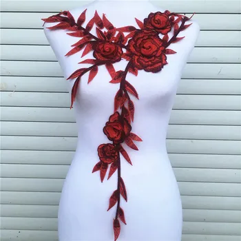 

3D Chiffon Wine Red Neckline Collar Lace Fabric Flower Wedding Deco Fringe Long Lace Trim DIY Craft Scrapbooking