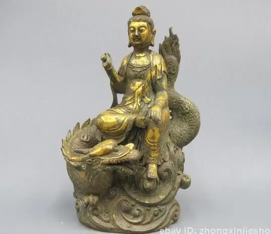 

17"Tibet Buddhism Temple Old Bronze Gild Kwan-Yin Ride dragon Buddha Statue