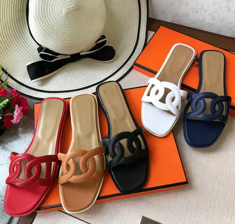 

Brand Women's Shoes 2019 New H Slippers Women Summer Leather Flat-soled Slippers Fashion Beach Slippers outside shoes 35-41 box