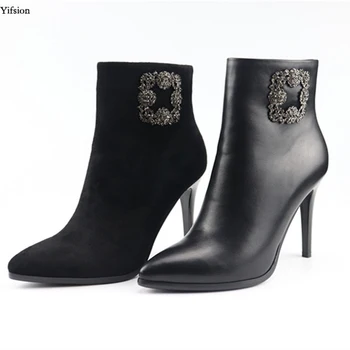 

Olomm New Women Winter Leather Ankle Boots Stiletto High Heels Charm Pointed Toe Nice Black Office Shoes Women US Size 3-10.5