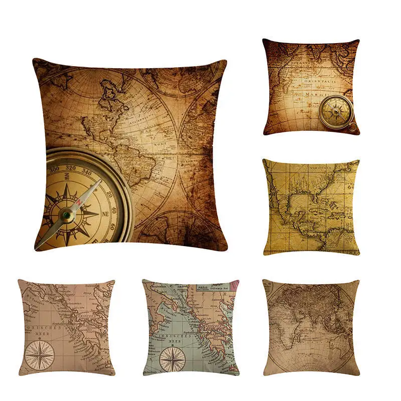 

World Map Nautical Cushion Cover Retro Map Decorative Pillow Case Linen Cotton Decorations For Sofa Car Home