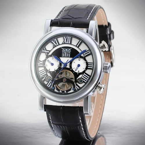 Men s Leisure Mechanical Wrist Watch Roman Numbers Tourbillon Genuine Leather Strap Date Display Blue Hands