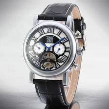 Мужская Досуг Механические Наручные Часы Римскими Цифрами Tourbillon Кожаный Ремешок Дата Синий Руки Черный Белый Уникальный