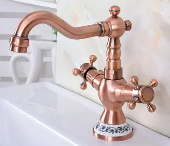 Antique Red Copper Brass Dual Cross Handles Bathroom Kitchen Basin Sink Faucet Mixer Tap Swivel Spout Deck Mounted mnf615 wholesale and retail deck mounted chrome brass bathroom basin faucet dual handles vanity sink mixer tap waterfall spout