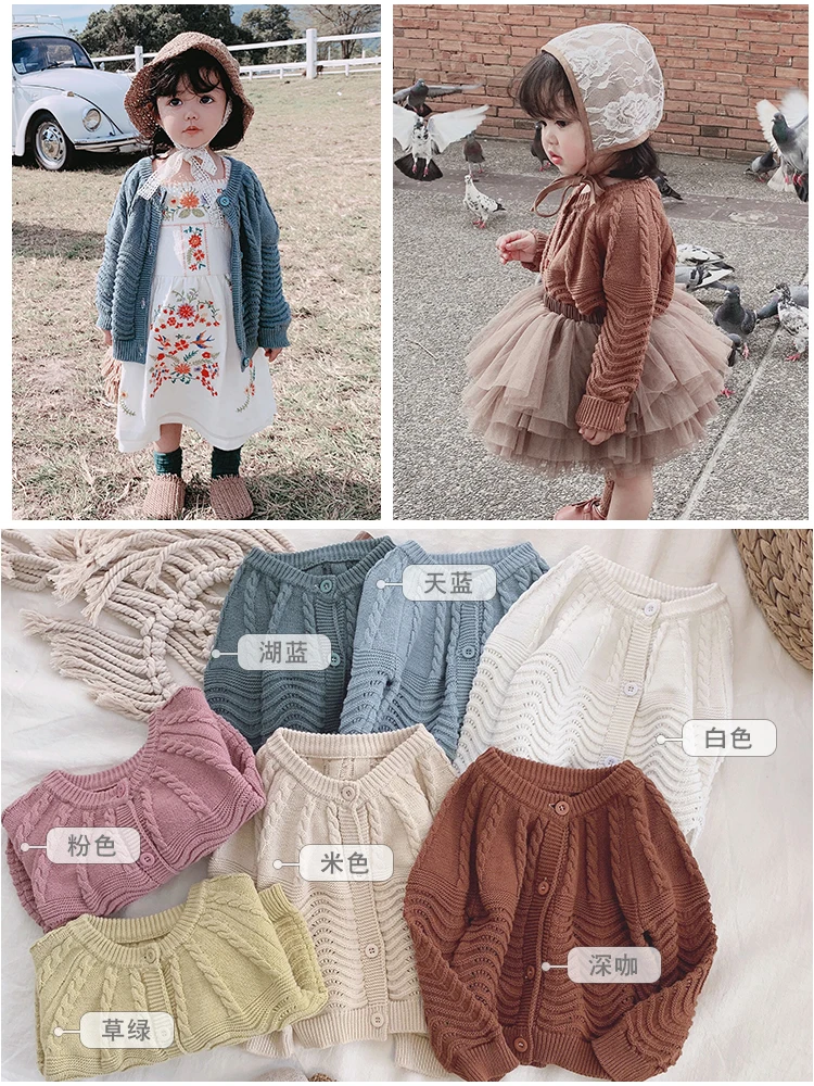 

Spring 2019 Retro Style Children Wool Knitted Jacket Baby Girls Solid Color Round Collar Long Sleeve Coat Kids Clothing