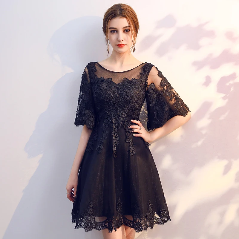 Robe de soiree, черные кружевные модные короткие вечерние платья с открытой спиной, пышные рукава, vestido de festa, платья для выпускного вечера, Платья для вечеринок