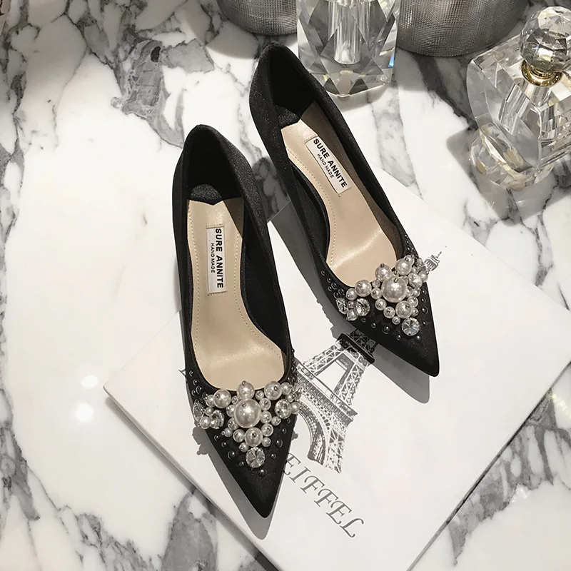 

autumn/winter new style pearl water drill thin heel pointed shoes silk satin high heels women's single shoes