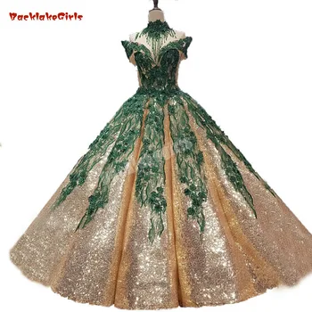 

Emerald Green Lace Necklace High Neck And Gold Sequins Party Girl Evening Prom Dress Puffy Ball Gown Waves Arch Skirt Prom Gown