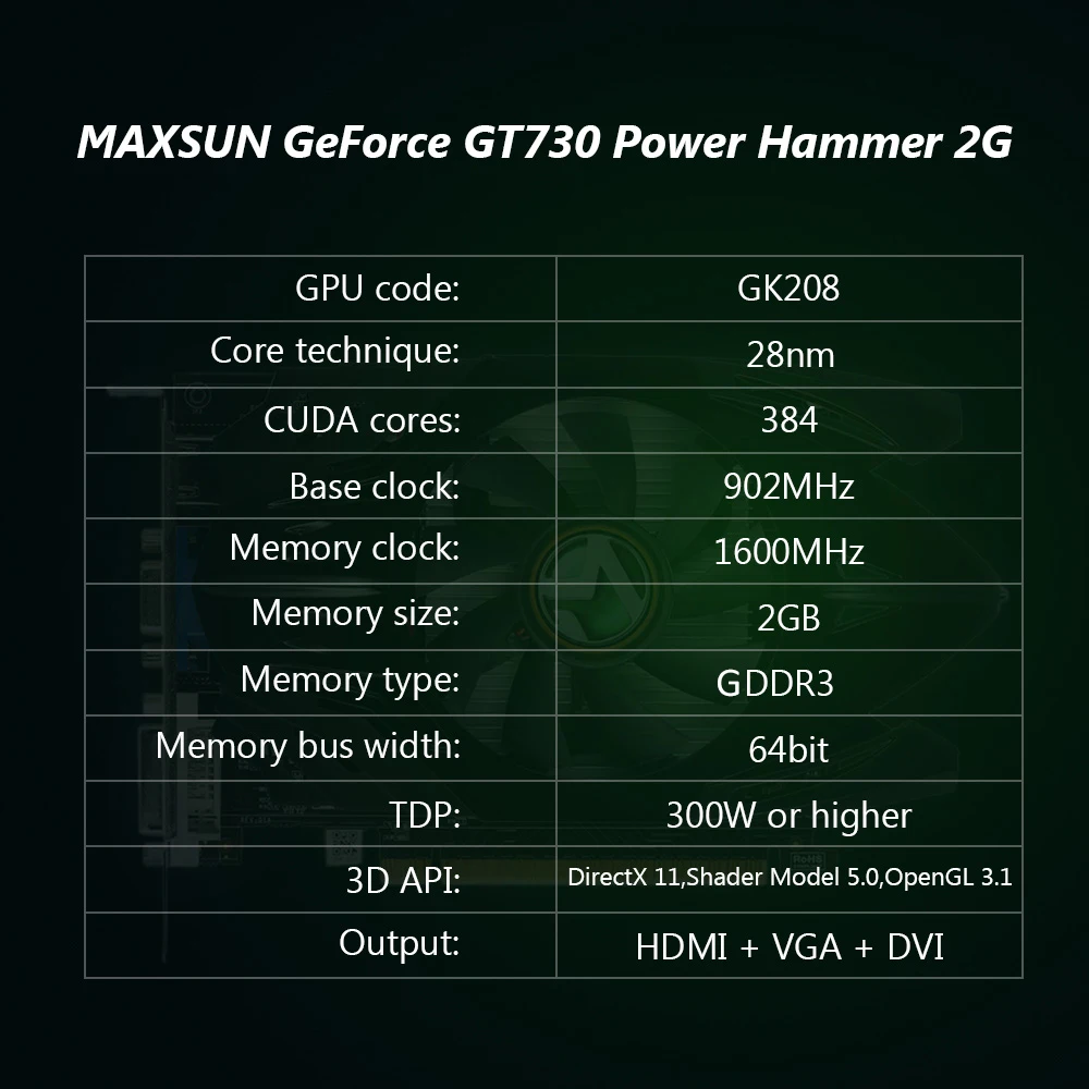 Игровая видеокарта MAXSUN GeForce GT730 power Hammer 2G для компьютера 902 МГц/1600 МГц 64 бит GDDR3 PCI-E HDMI+ DP+ DVI порт