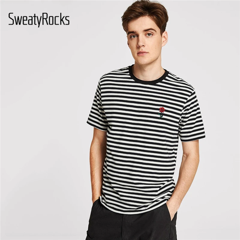 

SweatyRocks Men Rose Embroidered Striped Tee Streetwear Preppy Mens T-shirts Fashion Clothing 2019 Summer Casual Male Tees