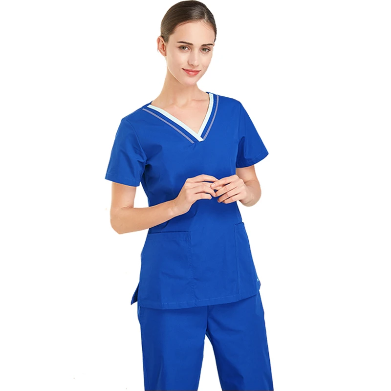 sapphire blue top Женский топ с v-образным вырезом, рубашка с короткими рукавами, дизайн color Blocking, костюм Доктора, медицинская форма(только топ - Цвет: sapphire blue top