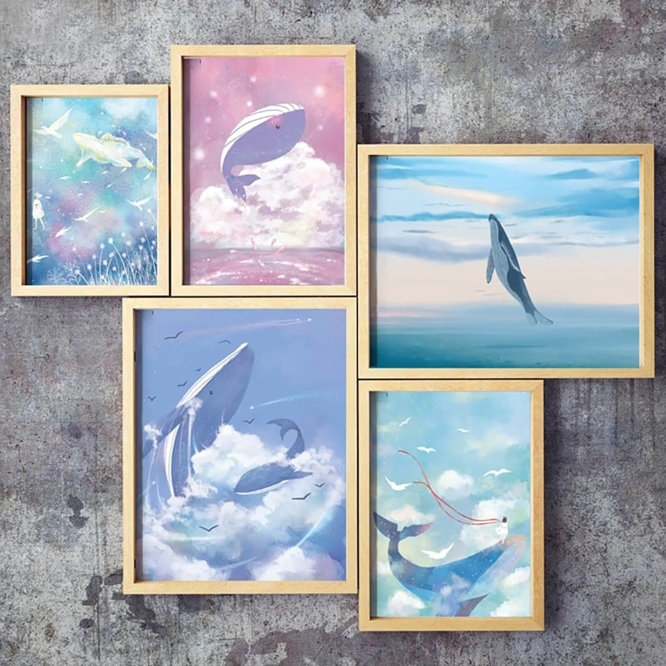 Nordic-Cartoon-Whale-Girl-Sky-Cloud-Posters-And-Prints-Wall-Art-Canvas-Painting-Watercolor-Wall-Pictures