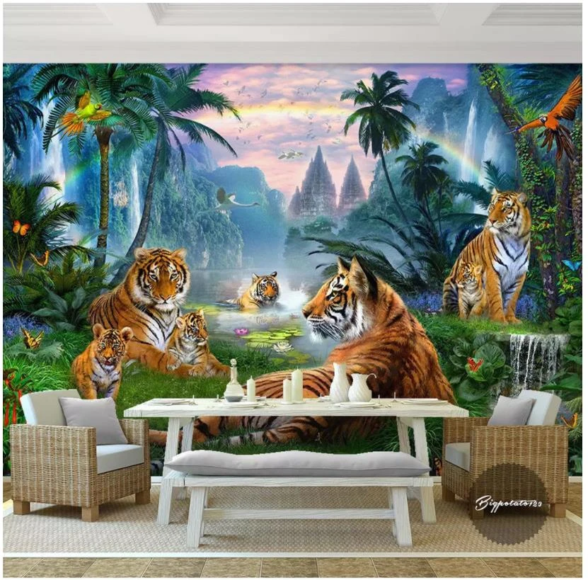 Custom photo wallpaper 3d murals wallpaper for walls 3 d Stream water  waterfall forest big tiger animal woods landscape murals|Wallpapers| -  AliExpress