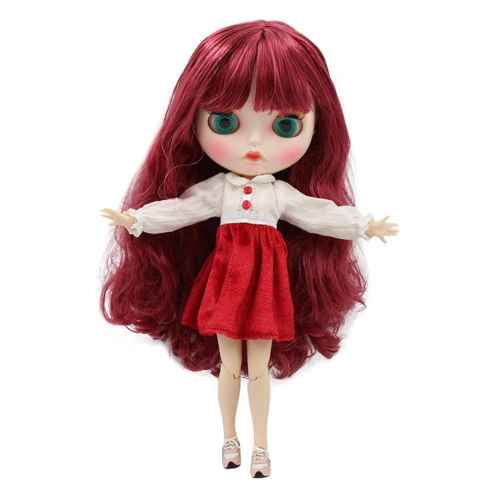 

1/6 Blyth doll white skin joint body Amaranth hair Carved lips Mate face with eyebrows.No.BL2436