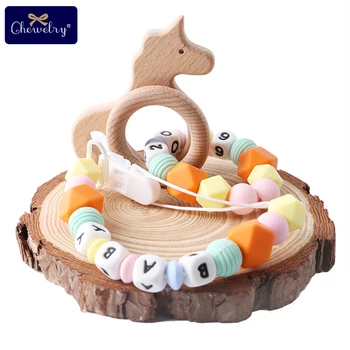 

Baby Wooden Teether Personalized Name Beech Ring Bracelets Unicorn Rodent Pacifier Clips Chain Perle Silicone Beads Rattle Toys
