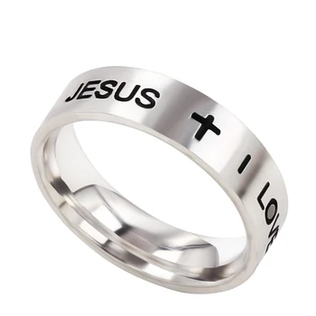 

QianBei 6MM Titanium Stainless Steel Silver I LOVE JESUS Fish Finger Rings For Men Wmen Wedding Party Gift Fashion Wholesale