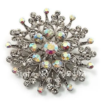 

2.3 Inch Large Rhodium Silver Plated Clear AB Rhinestone Crystal Vintage Brooch