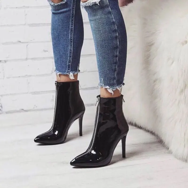 

New Fashion Ankle Boots For Women Sheos Sexy Pointed Toe Thin High Heels Front Zipper Botas Mujer Ladies Red Boots Botte Femme