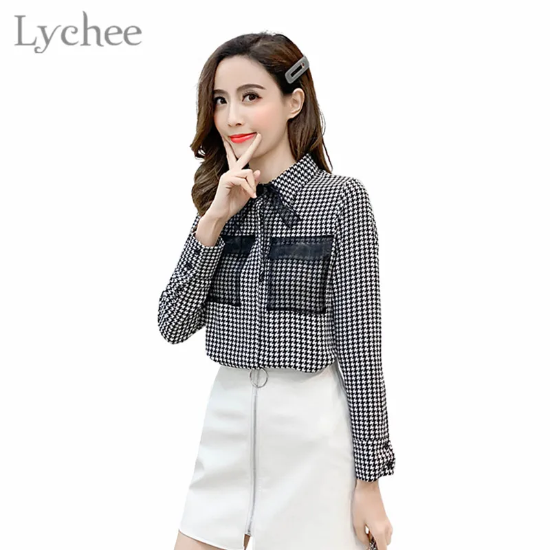 

Lychee Harajuku Mesh Plaid Women Blouse Shirt Patchwork Long Sleeve Turn Down Collar Casual Female Blouse Shirt Tops Women