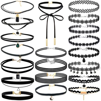 

20pcs Women Choker Lace Necklace 90's Inspired Gothic Lolita Punk Choker Tattoo Choker Black Lace Suede Lace Flower Steampunk