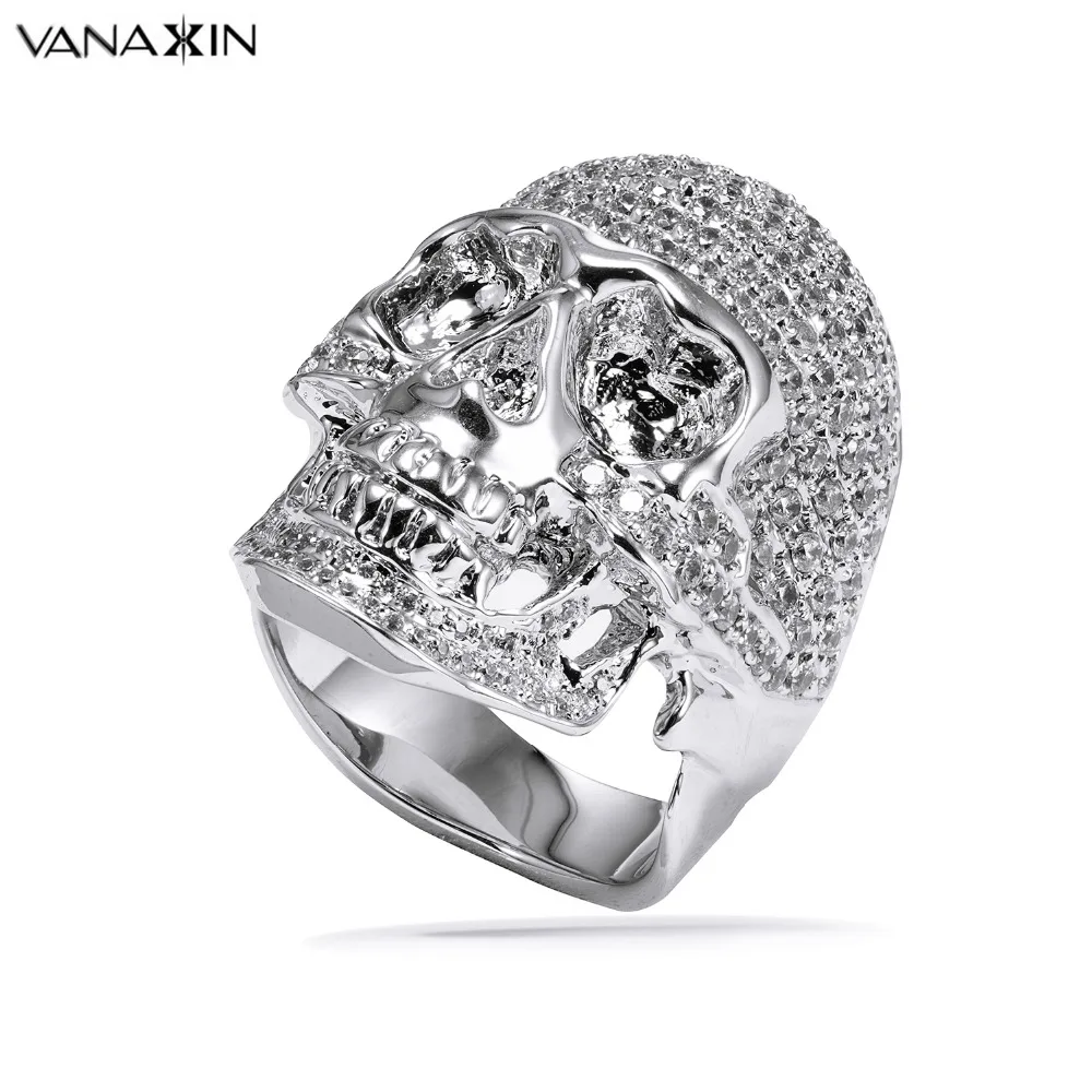 

VANAXIN Skull Ring Big Huge Ghost Punk Rings For Men Silver Color AAA Paved Bling Bling CZ Party Gift Jewellery High Quality