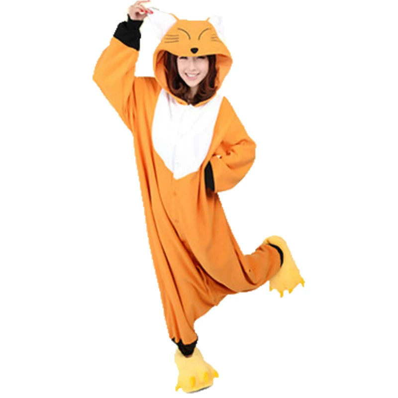 

Winter Cartoon Kigurumi Fox Overall Flannel Homewear Onesie for Adults Long Sleeve Hooded Animal Pajamas Cute Cosplay Costume