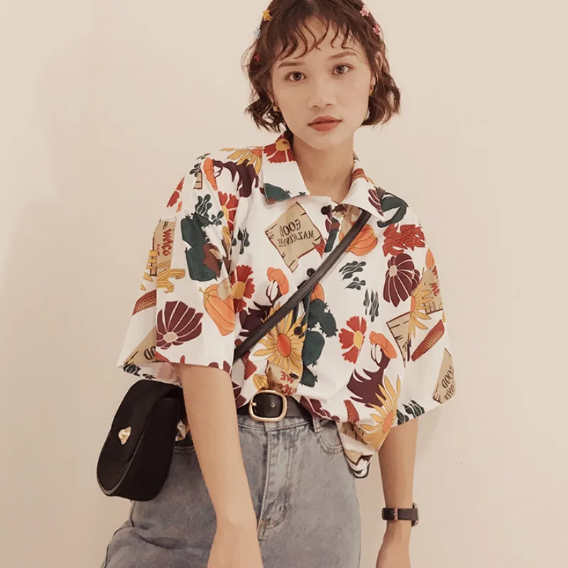 

Vintage Flowers Printed Turn Down Collar Shirt Loose Oversize Short-sleeved Single-breasted Blouses Tops Summer Beach Cardigan