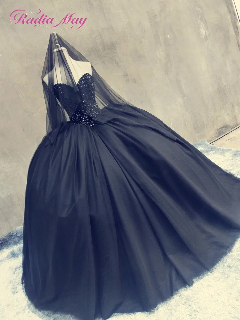 Real Photos Crystal Beaded Black Gothic Wedding Dress Ball Gown