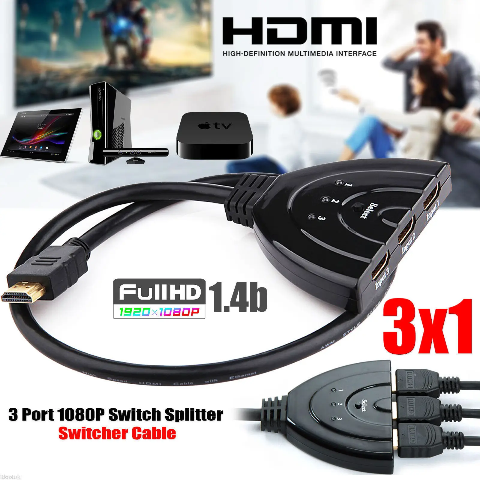

1080P HDMI Switcher Switch Splitter Hub with Cable for PC TV HDTV DVD PS3 Xbox 360 Cable Box