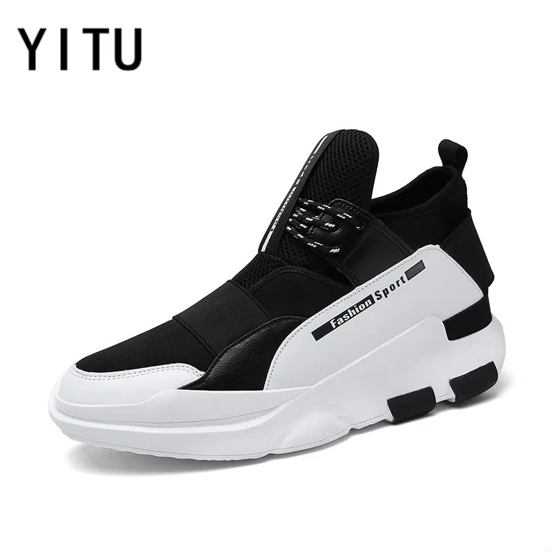 

YITU High Top Men Running Shoes Athletic Leather Flexible Led Walking Shoes Soft Fitness Slip-on Sneakers Absorb Sweat Freeship