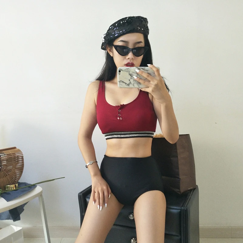 

2019 New Summer Push Up Swimsuit High Waist Swimwear Women Padded Textured Sport Swimming Bathing Suits Maillot De Bain Femme