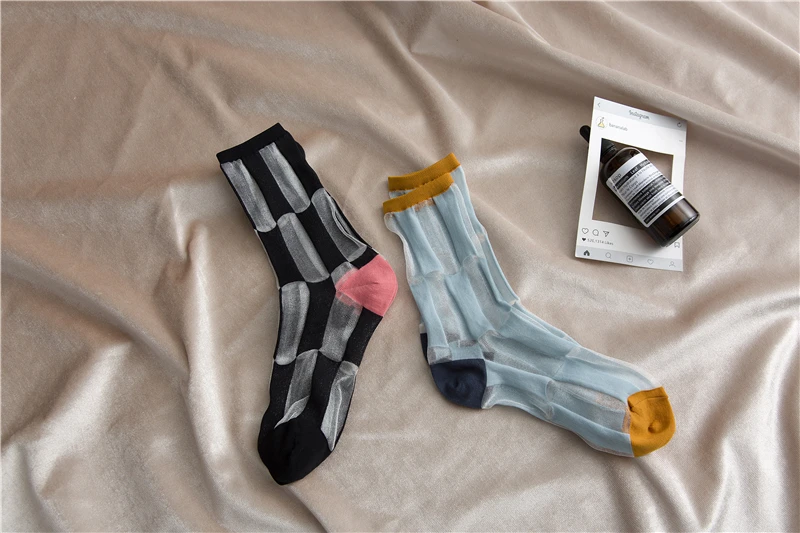 Moda Socmark женские носки Лоскутная клетчатая серия прозрачные сетчатые шелковые носки ультратонкие прозрачные кружевные летние длинные носки