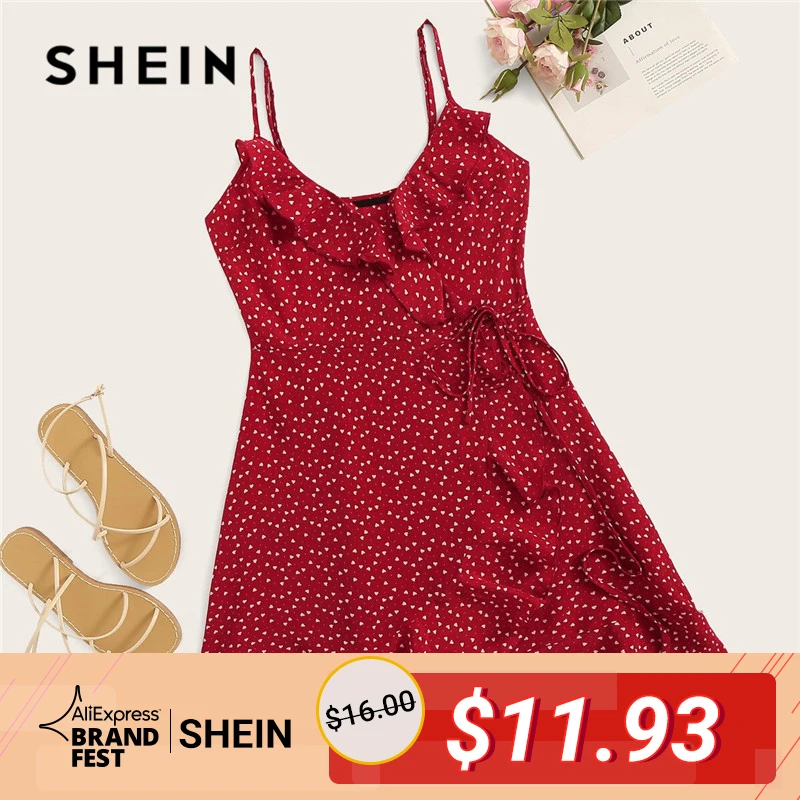 

SHEIN Ruffle Detail Self Tie Wrap Slip Mini Dress Women Boho Sleeveless V Neck Summer Dress Ladies 2019 Slim Beach Dress