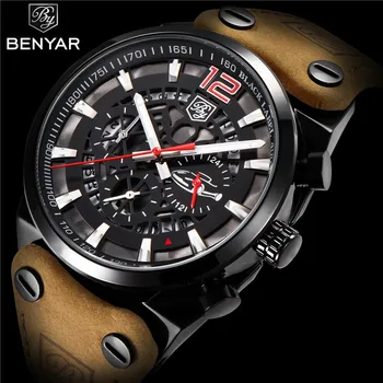 

BENYAR Top Brand New Men fashion Chronograph outdoor Waterproof Sport Genuine Leather Men Watch Man Leisure Quartz Clock Watches