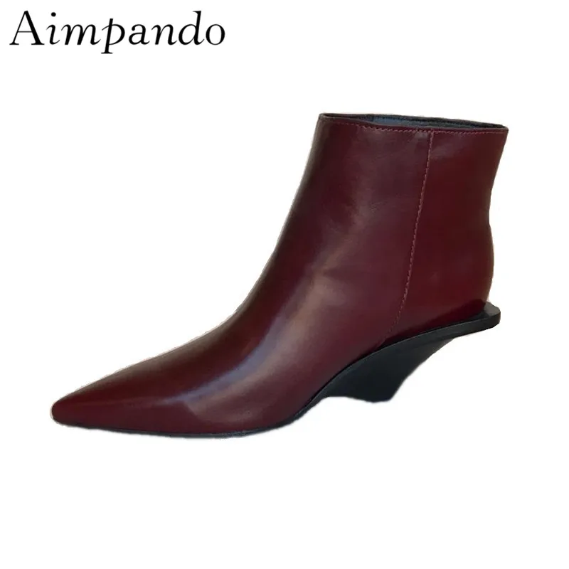 

Autumn Winter Fashion Catwalk Botas Mujer Sexy Point Toe Geniune Leather Individual Fretwork Heel Slim Ankle Boots Women