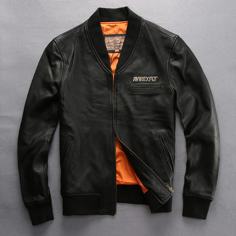 

Fashion V-neck baseball leather jacket men Semi-vegetable tanned sheeepskin balck leather coat for men style biker jacket male