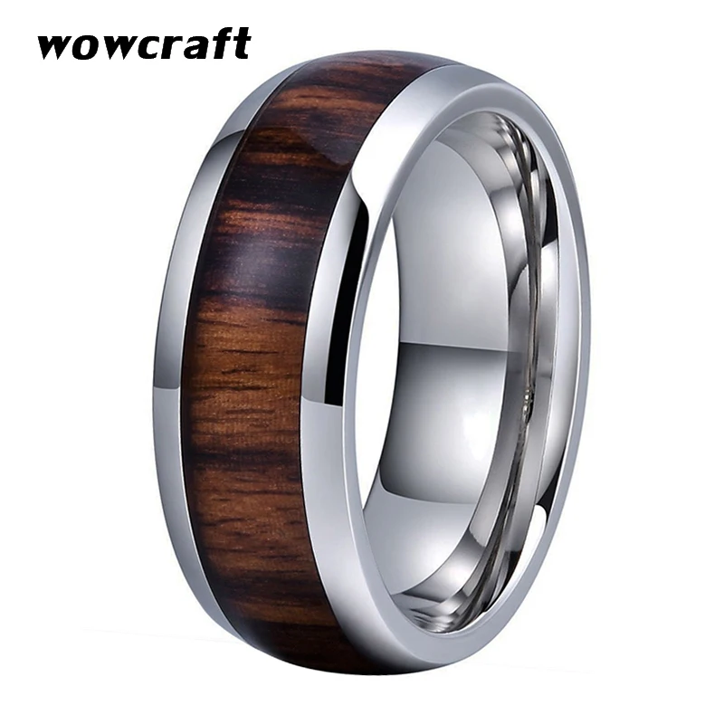 

8mm Silver Tungsten Ring For Men Women Wedding Band Dark Wood Inlay Tungsten Carbide Rings Polished Shiny Comfort Fit