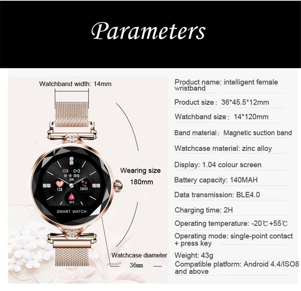 H1 Women Fashion Smart Watch Blood Pressure Heart Rate Monitor Fitness Tracker Bracelet lady Smartwatch Diamond Color Screen