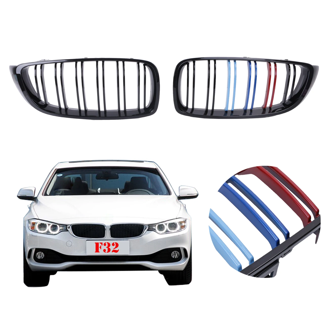 

For BMW F32 F33 F36 4 Series 428i 435i 2-DOOR 2014 2015 2016 Front Kidney Grilles Double Slat Grill Gloss Black M-color #P462