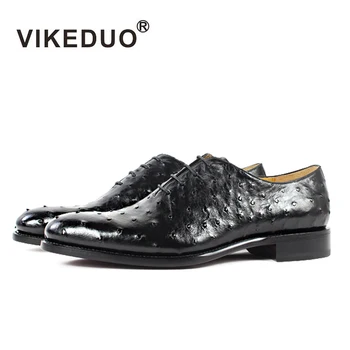 شراءVIKEDUO 100% النعامة الجلد جلد اليدوية رجل حذاء أكسفورد مخصص الأسود فستان فاخر حزب الزفاف مكتب التصميم الأصلي