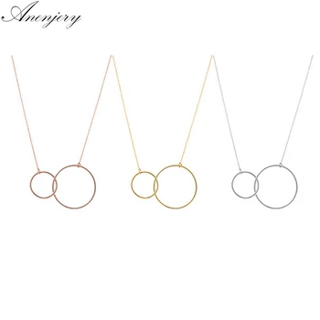 

Anenjery 3 Colors Double Circle Interlock Clavicle Short Necklace Silver Color Necklace For Women collares S-N333